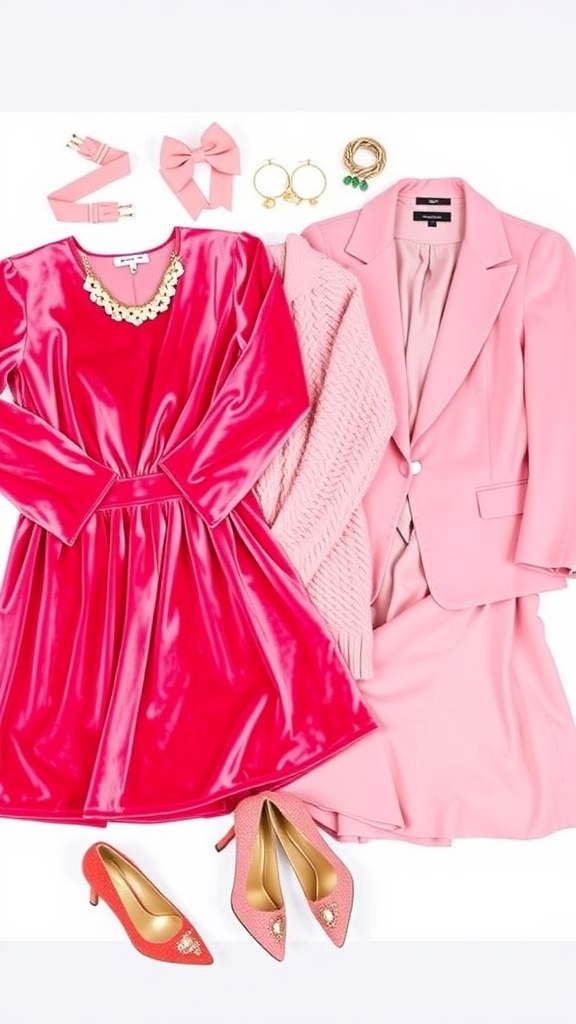 Flat lay of pink Christmas outfits including dresses, sweaters, and accessories.
